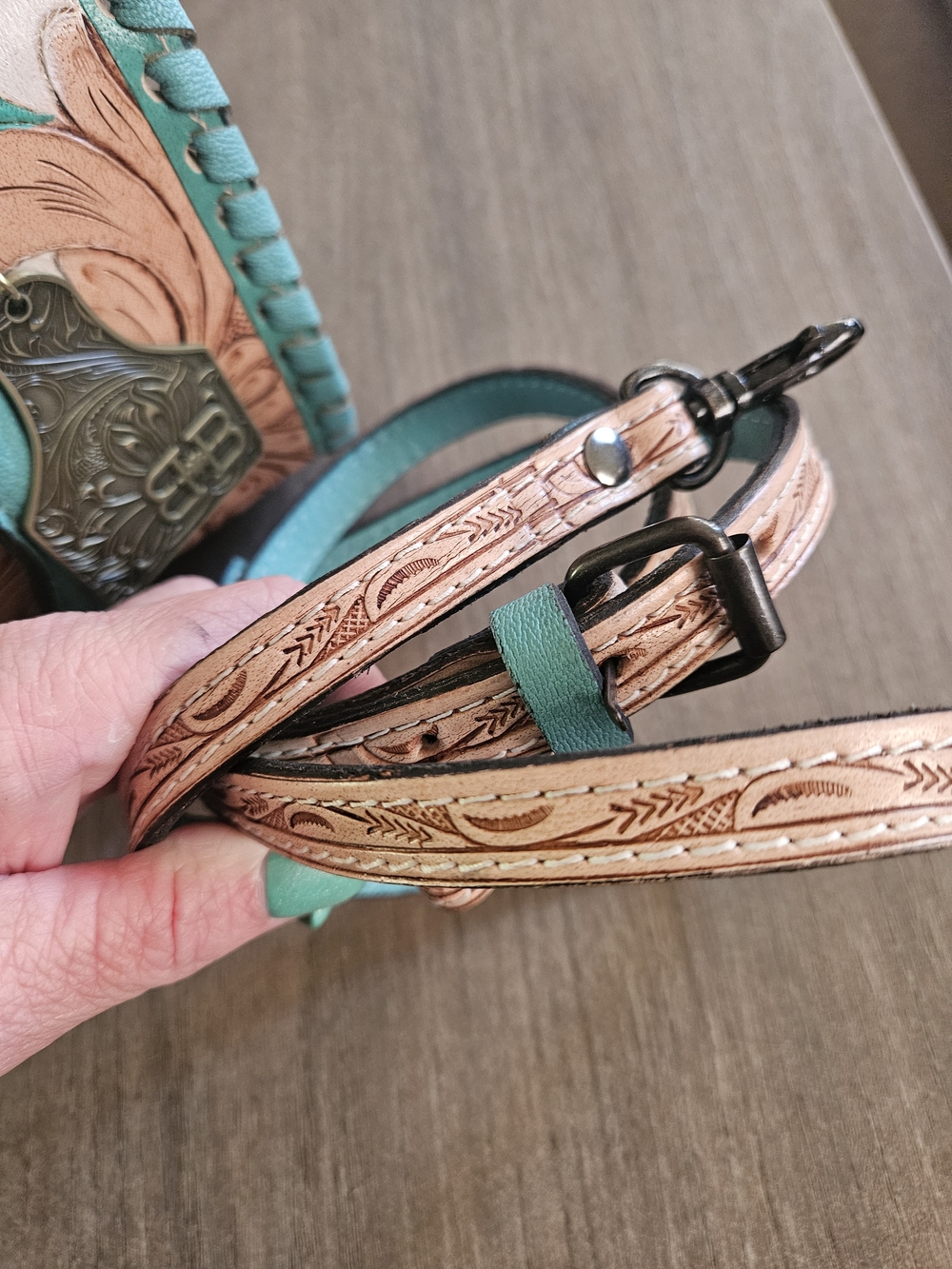 Double B Wild Bags Turquoise and Tan Tooled Leather And Hand Painted Speedy - Picture 6 of 8